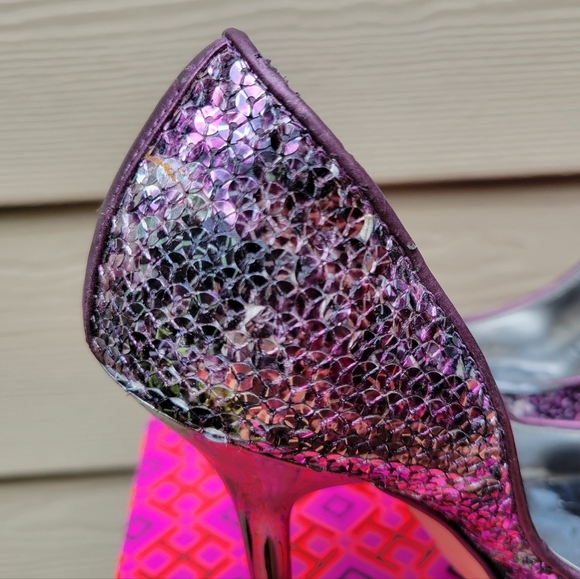 2/$18 Guess d'Orsay Purple Snakeskin Sequined Pointed Toe Heels Stilettos 6 M - Picture 14 of 15